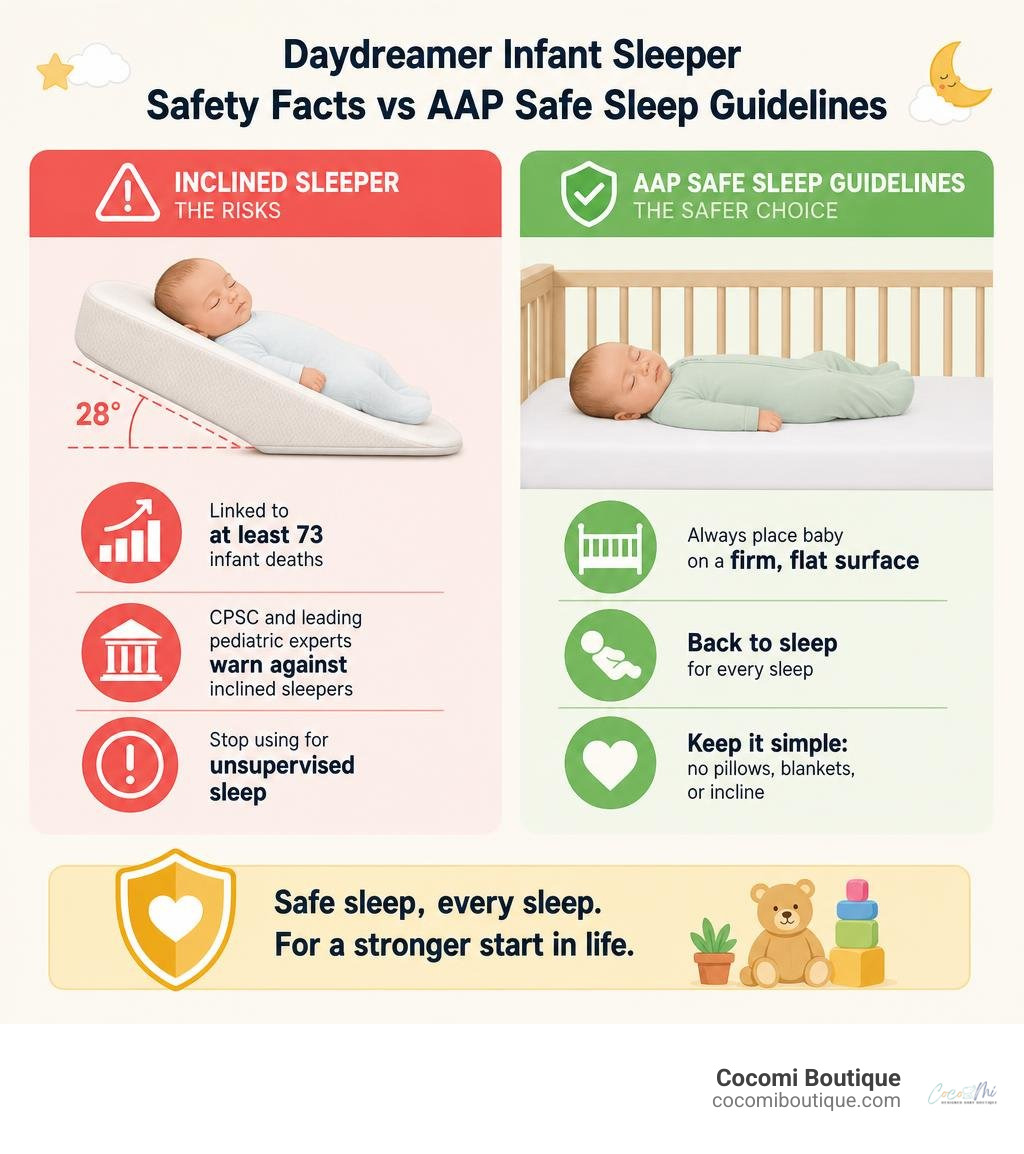 Infographic: Daydreamer infant sleeper safety facts vs AAP safe sleep guidelines infographic