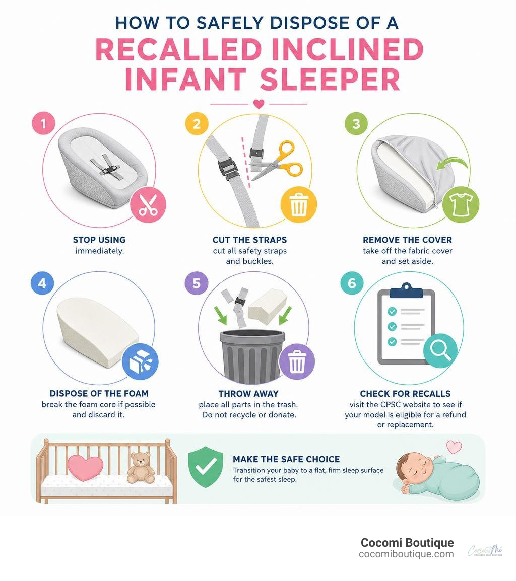 Infographic: Step-by-step instructions on how to safely dispose of a recalled inclined infant sleeper infographic