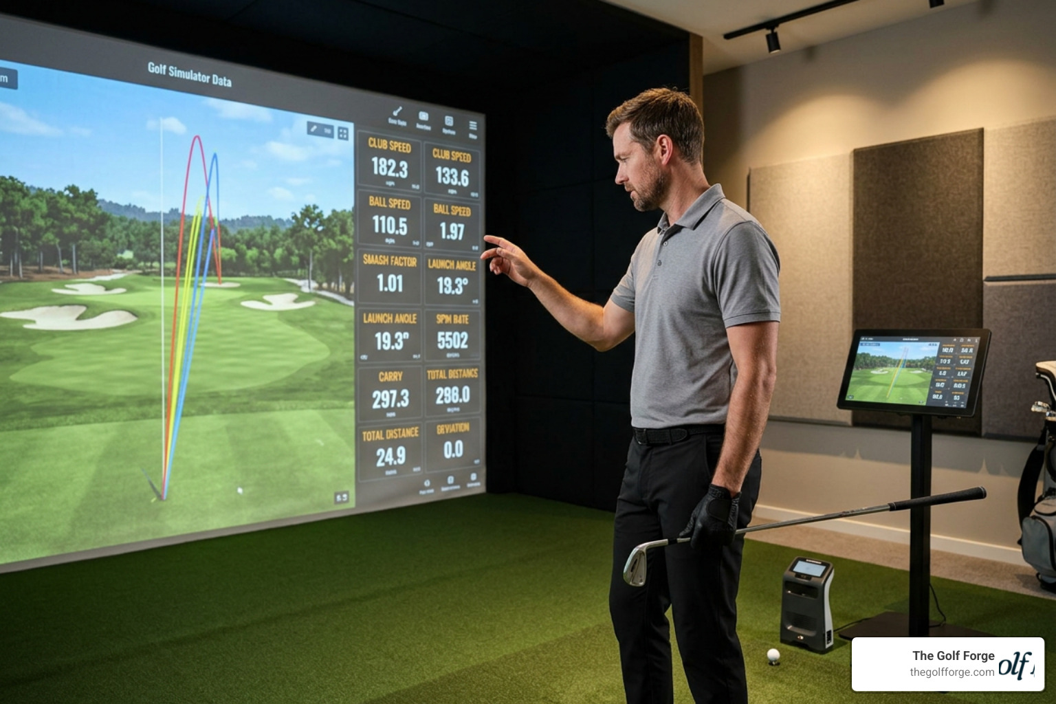 Golfer analyzing swing data on a simulator screen Golfer analyzing swing data on a simulator screen