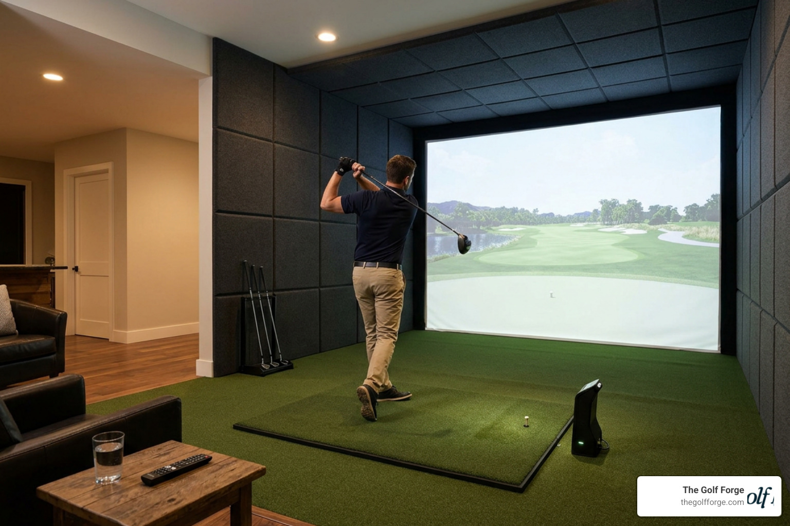 Private golf simulator bay with premium turf and launch monitor Private golf simulator bay with premium turf and launch monitor