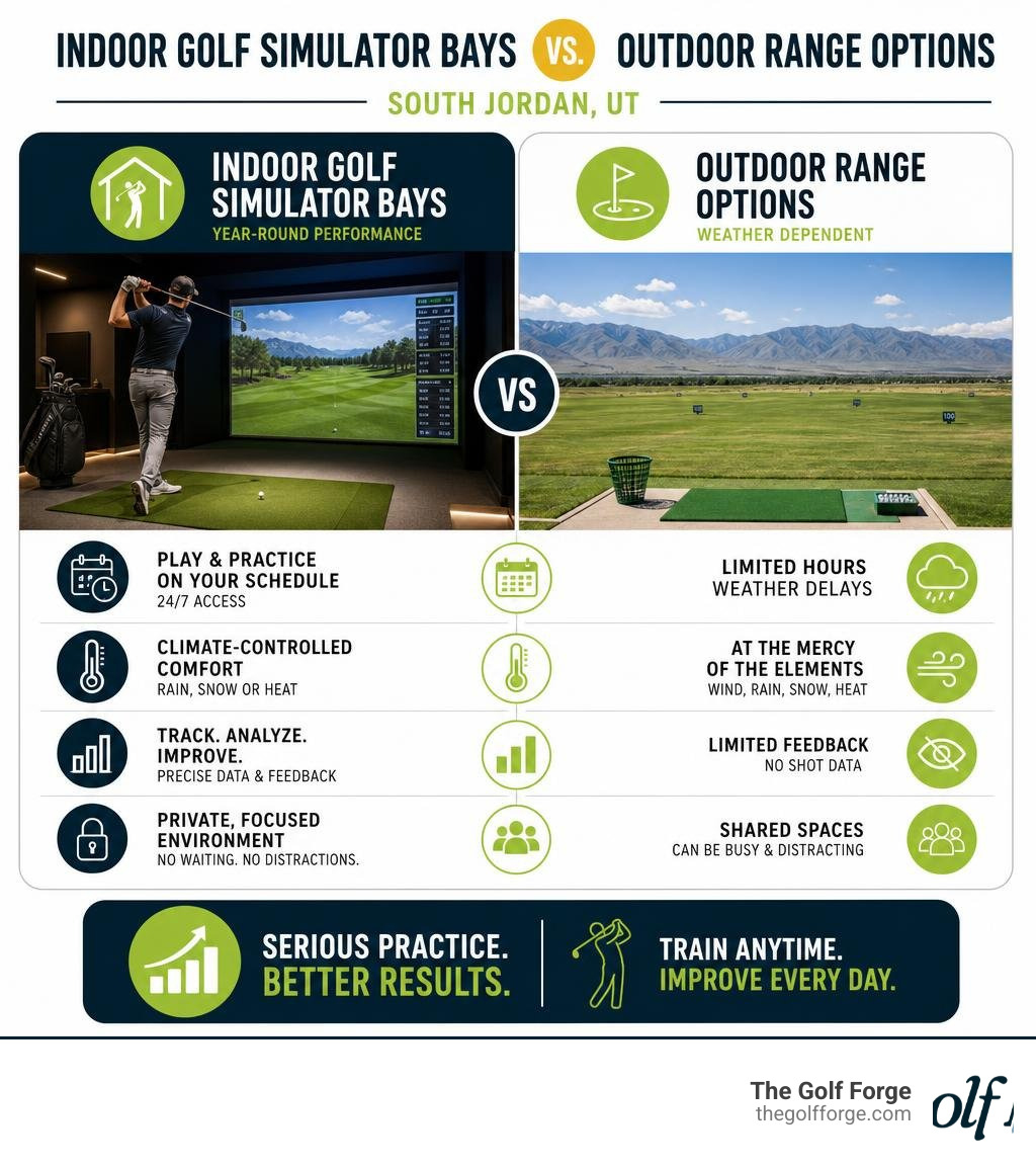 Infographic comparing indoor golf simulator bay memberships vs outdoor range options in South Jordan UT infographic Infographic comparing indoor golf simulator bay memberships vs outdoor range options in South Jordan UT infographic