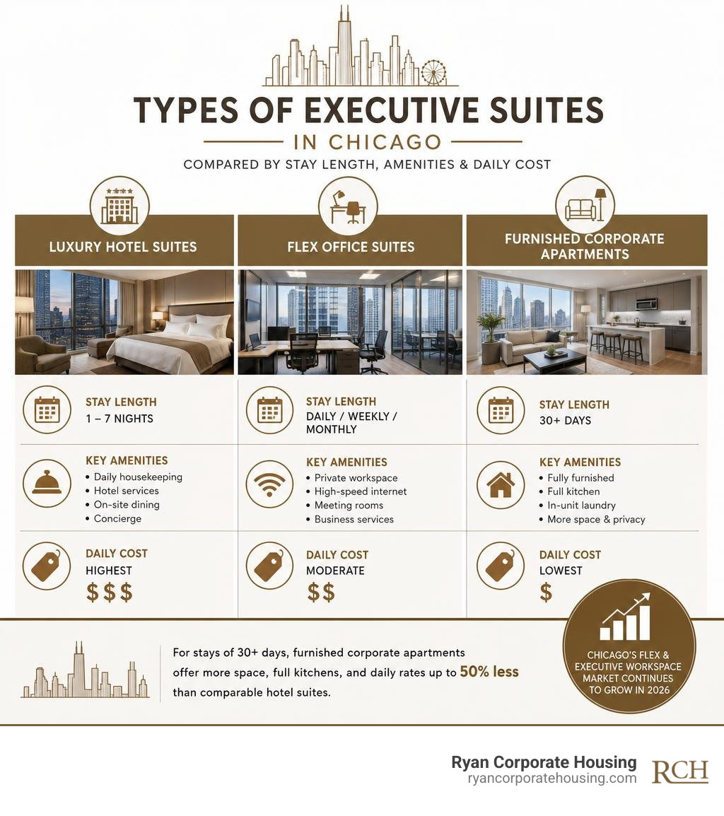 Types of executive suites in Chicago compared by stay length, amenities, and daily cost infographic Types of executive suites in Chicago compared by stay length, amenities, and daily cost infographic