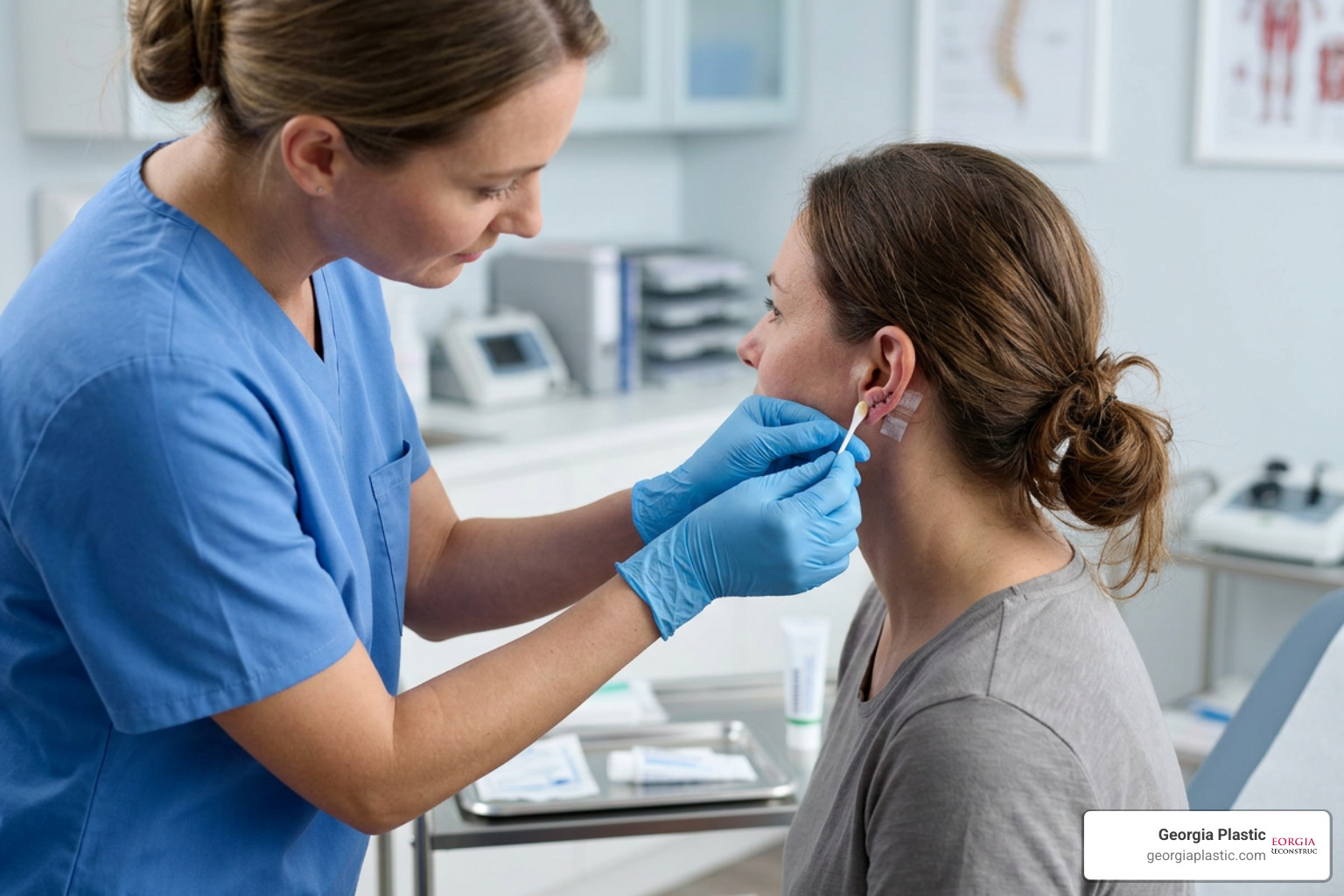 Post-operative earlobe care and ointment application Post-operative earlobe care and ointment application