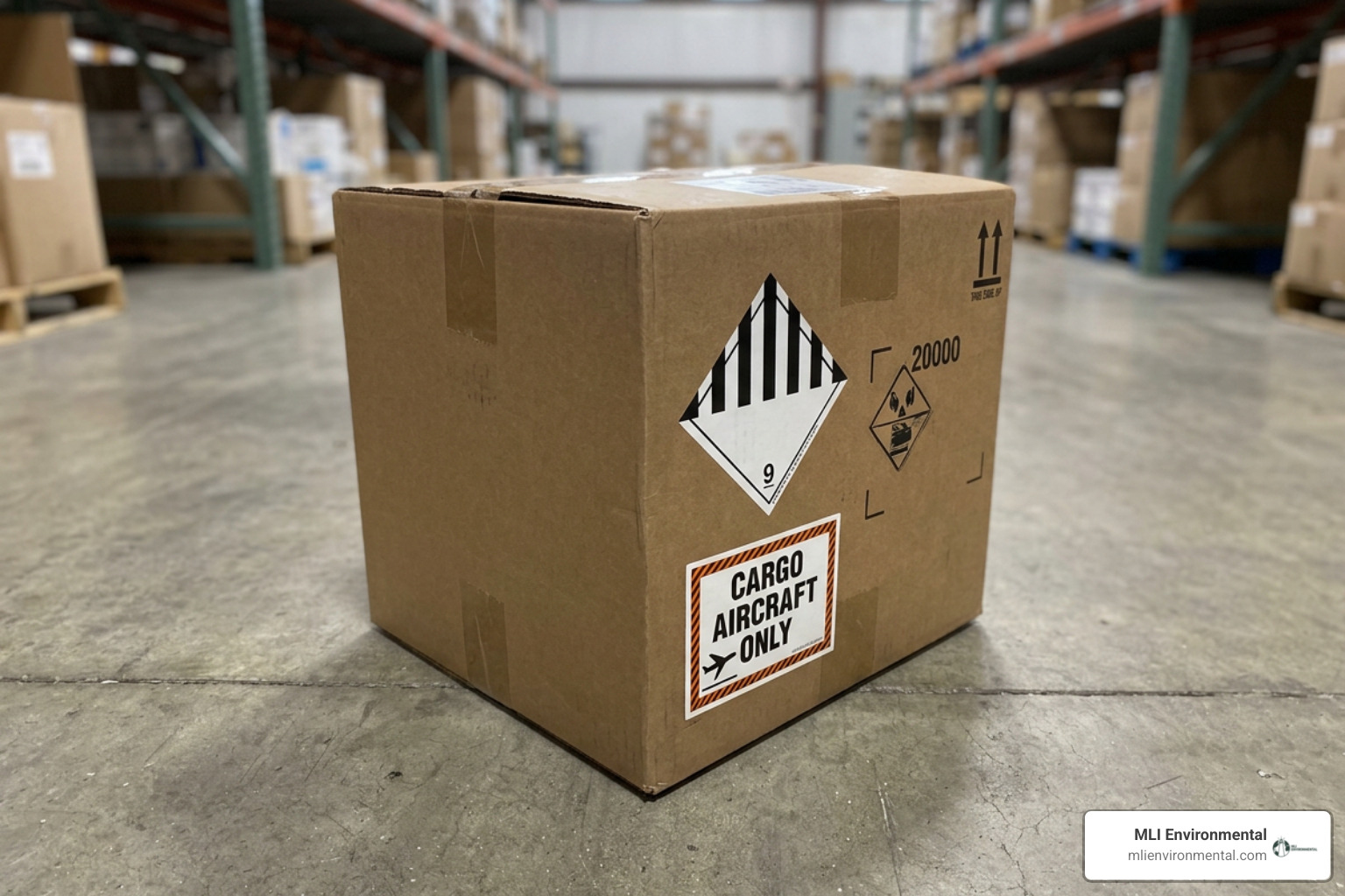 A properly labeled shipping box with Class 9 lithium battery hazard labels and cargo aircraft only markings A properly labeled shipping box with Class 9 lithium battery hazard labels and cargo aircraft only markings