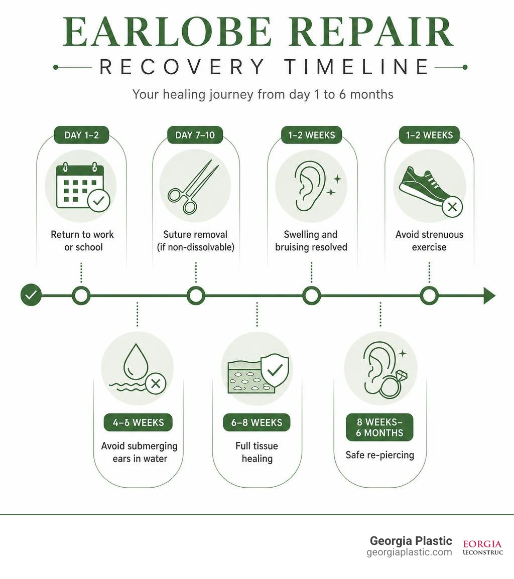 Earlobe repair recovery timeline infographic showing milestones from day 1 to 6 months post-surgery infographic Earlobe repair recovery timeline infographic showing milestones from day 1 to 6 months post-surgery infographic