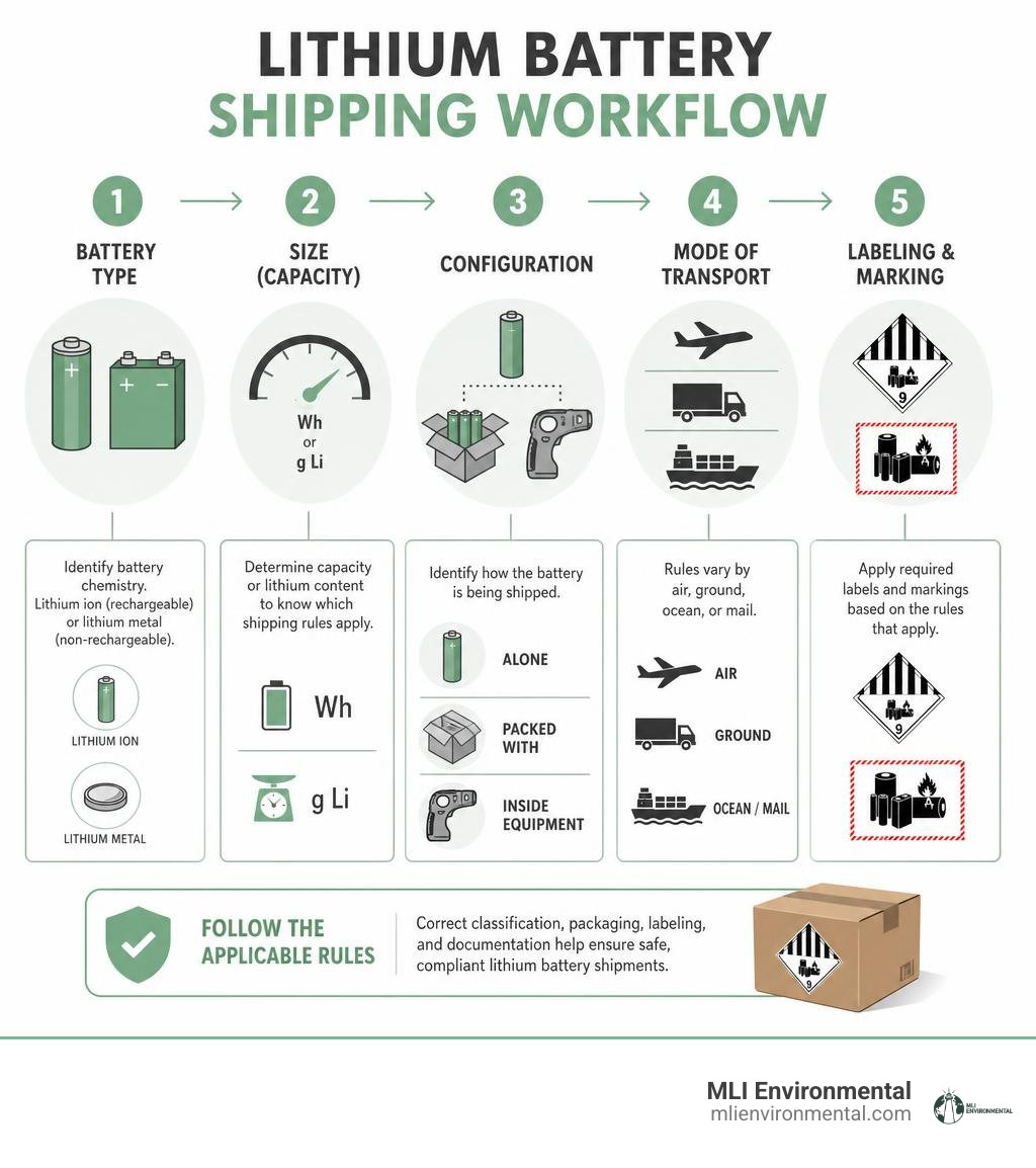Lithium battery shipping workflow infographic: battery type, size, configuration, mode, and labeling steps infographic Lithium battery shipping workflow infographic: battery type, size, configuration, mode, and labeling steps infographic