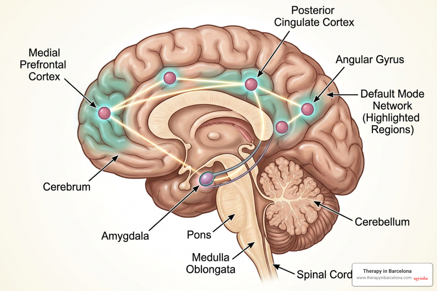 Illustration of the human brain highlighting the default mode network and the amygdala