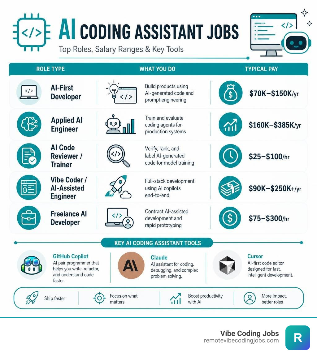 Infographic showing AI coding assistant job types, salary ranges, and key tools like GitHub Copilot, Claude, and Cursor