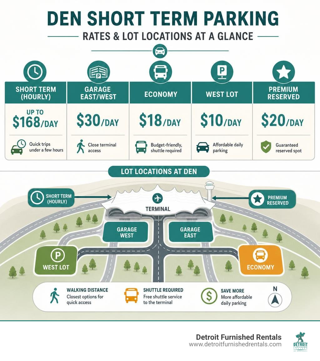 DEN short term parking rates and lot locations comparison infographic infographic
