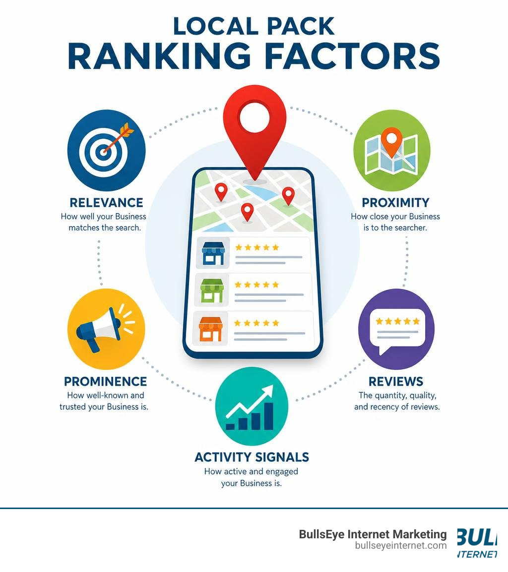 Infographic showing local pack ranking factors: relevance, proximity, prominence, reviews, activity signals infographic Infographic showing local pack ranking factors: relevance, proximity, prominence, reviews, activity signals infographic