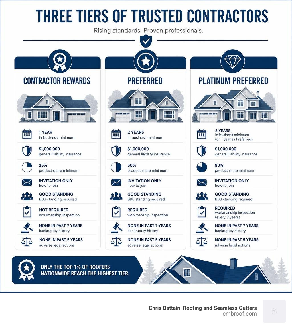 Infographic showing three Owens Corning contractor tiers: Contractor Rewards, Preferred, and Platinum Preferred with key Infographic showing three Owens Corning contractor tiers: Contractor Rewards, Preferred, and Platinum Preferred with key