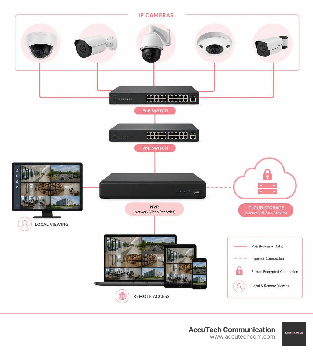 Modern IP camera network architecture showing cameras, PoE switches, NVR, and cloud storage infographic
