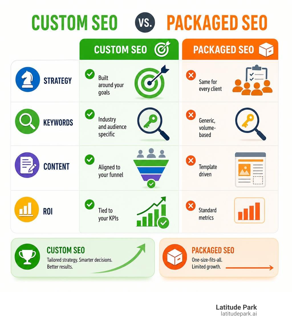 Infographic comparing custom SEO vs packaged SEO across strategy, keywords, content, and ROI infographic