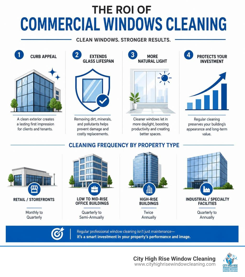 Infographic showing ROI of commercial windows cleaning: curb appeal, glass lifespan, natural light, and cleaning frequency Infographic showing ROI of commercial windows cleaning: curb appeal, glass lifespan, natural light, and cleaning frequency