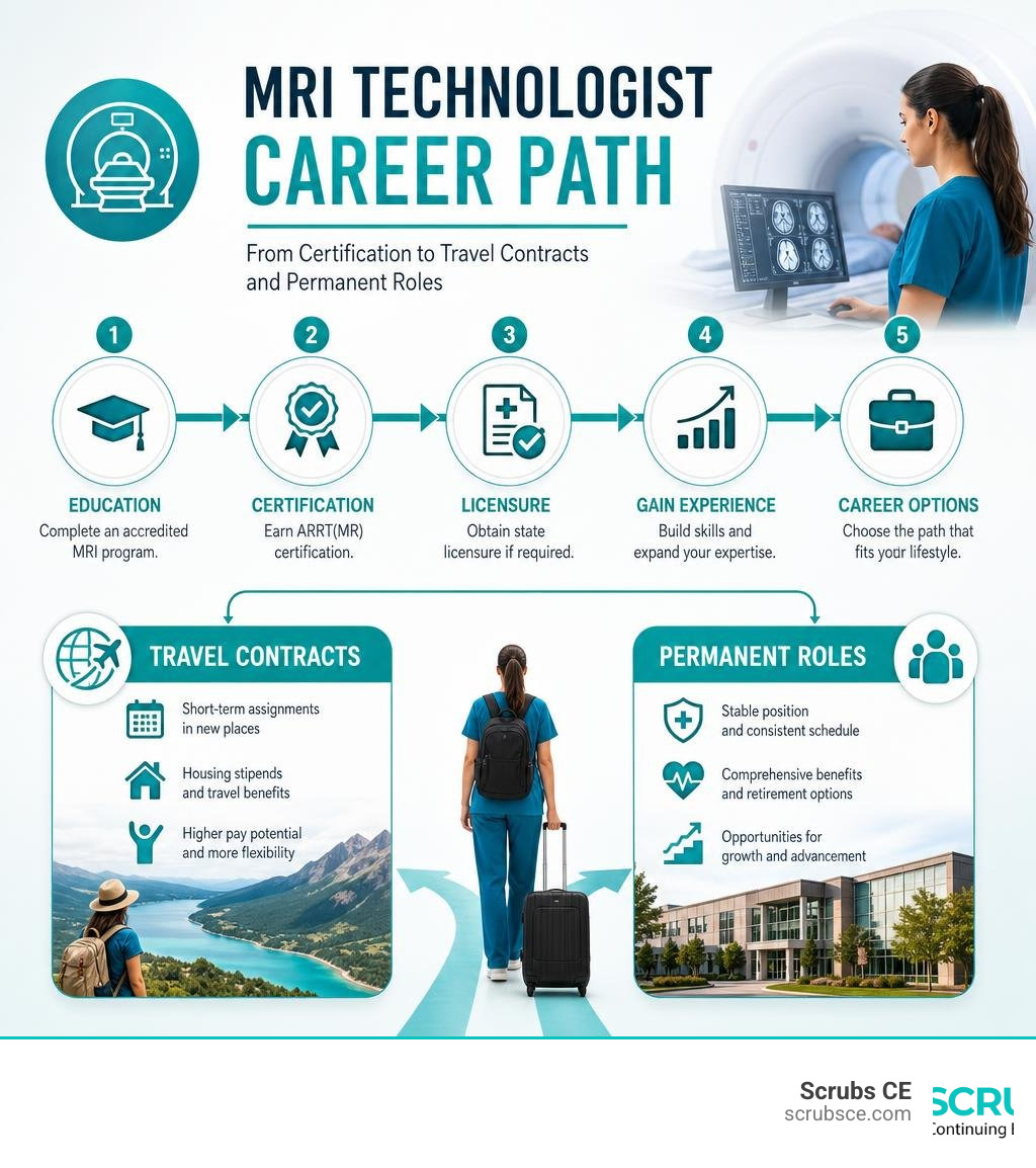 Infographic showing MRI technologist career path from certification to travel contracts and permanent roles infographic Infographic showing MRI technologist career path from certification to travel contracts and permanent roles infographic