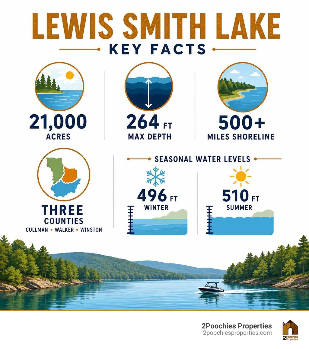 Infographic showing Lewis Smith Lake key facts: 21,000 acres, 264ft max depth, 500+ miles shoreline, three counties Infographic showing Lewis Smith Lake key facts: 21,000 acres, 264ft max depth, 500+ miles shoreline, three counties