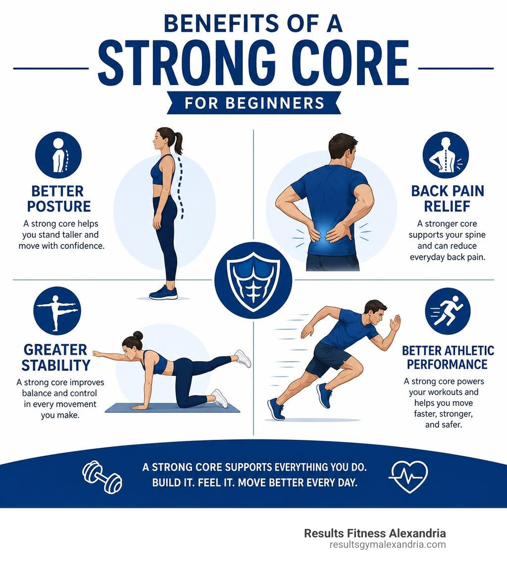 Benefits of a strong core for beginners: posture, back pain relief, stability, and athletic performance infographic Benefits of a strong core for beginners: posture, back pain relief, stability, and athletic performance infographic