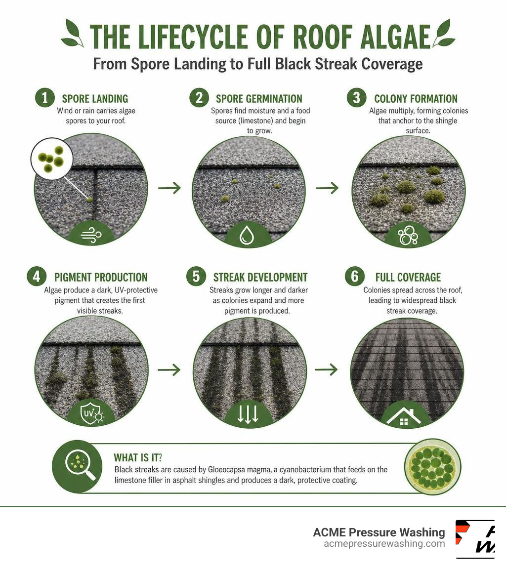 Lifecycle of roof algae from spore landing to full black streak coverage on asphalt shingles infographic