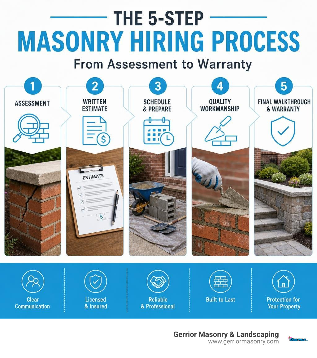 Infographic showing the 5-step masonry hiring process from assessment to warranty infographic Infographic showing the 5-step masonry hiring process from assessment to warranty infographic