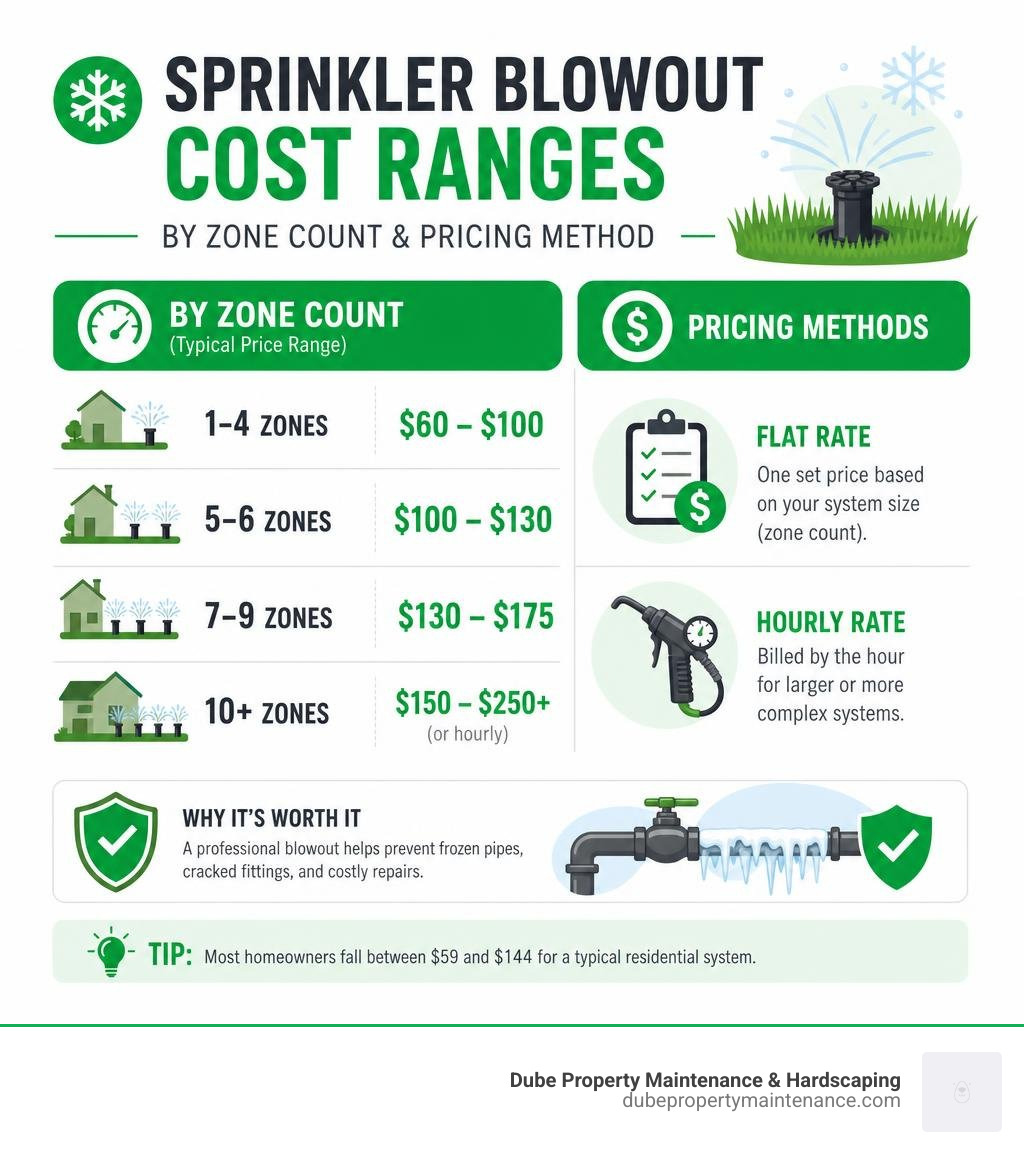 Infographic showing sprinkler blowout cost ranges by zone count and pricing method infographic Infographic showing sprinkler blowout cost ranges by zone count and pricing method infographic