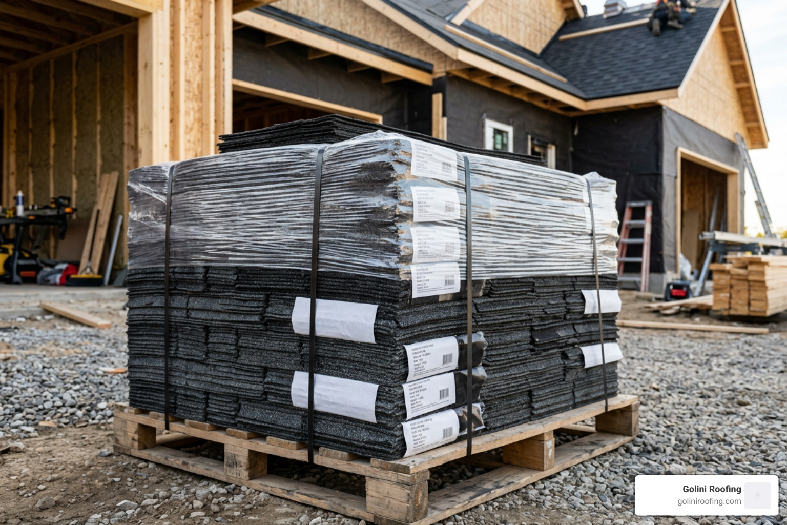 Asphalt shingle bundles stacked on a pallet ready for installation Asphalt shingle bundles stacked on a pallet ready for installation