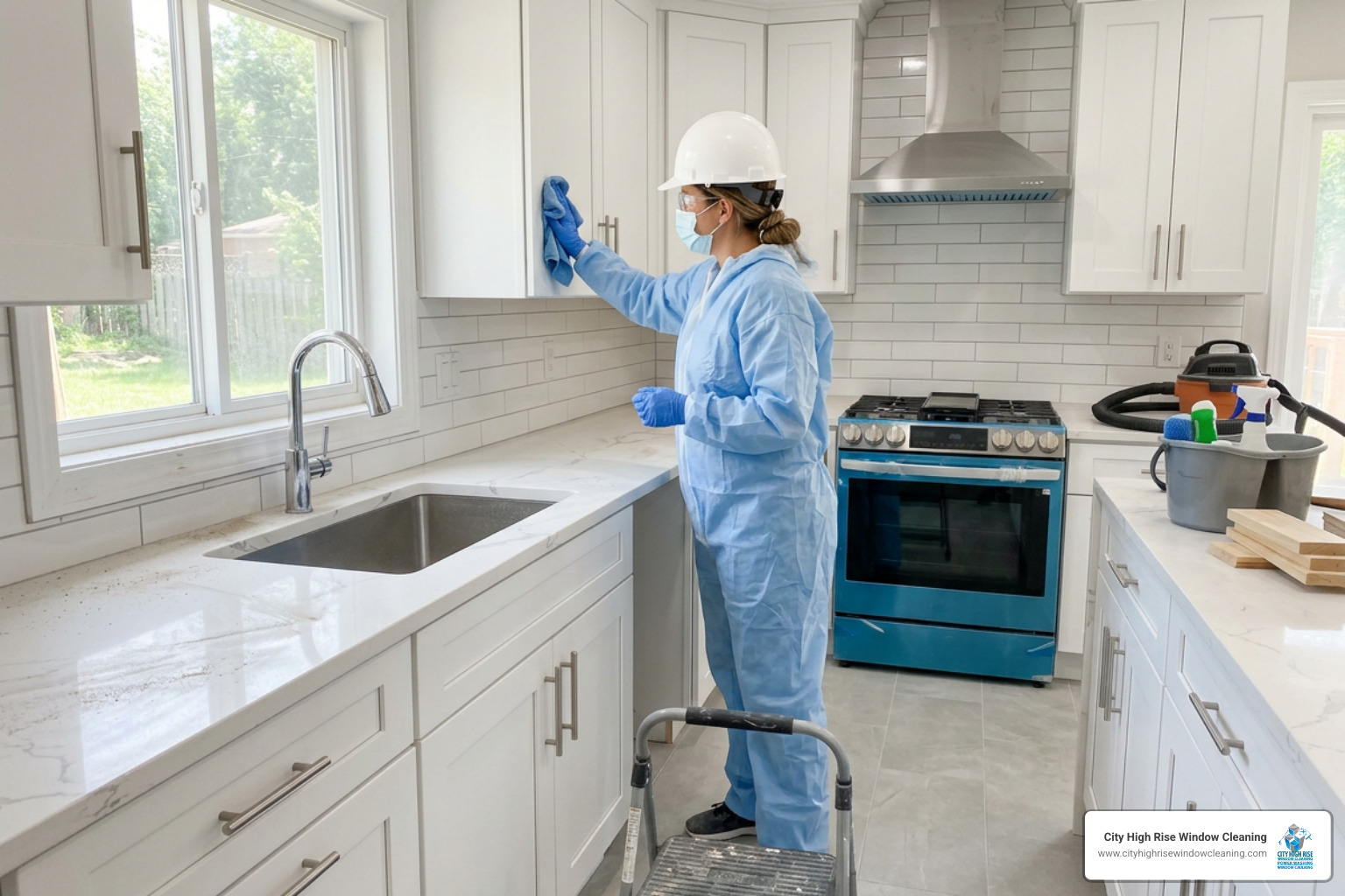 A professional cleaner wiping down kitchen cabinets during an after builders cleaning service A professional cleaner wiping down kitchen cabinets during an after builders cleaning service