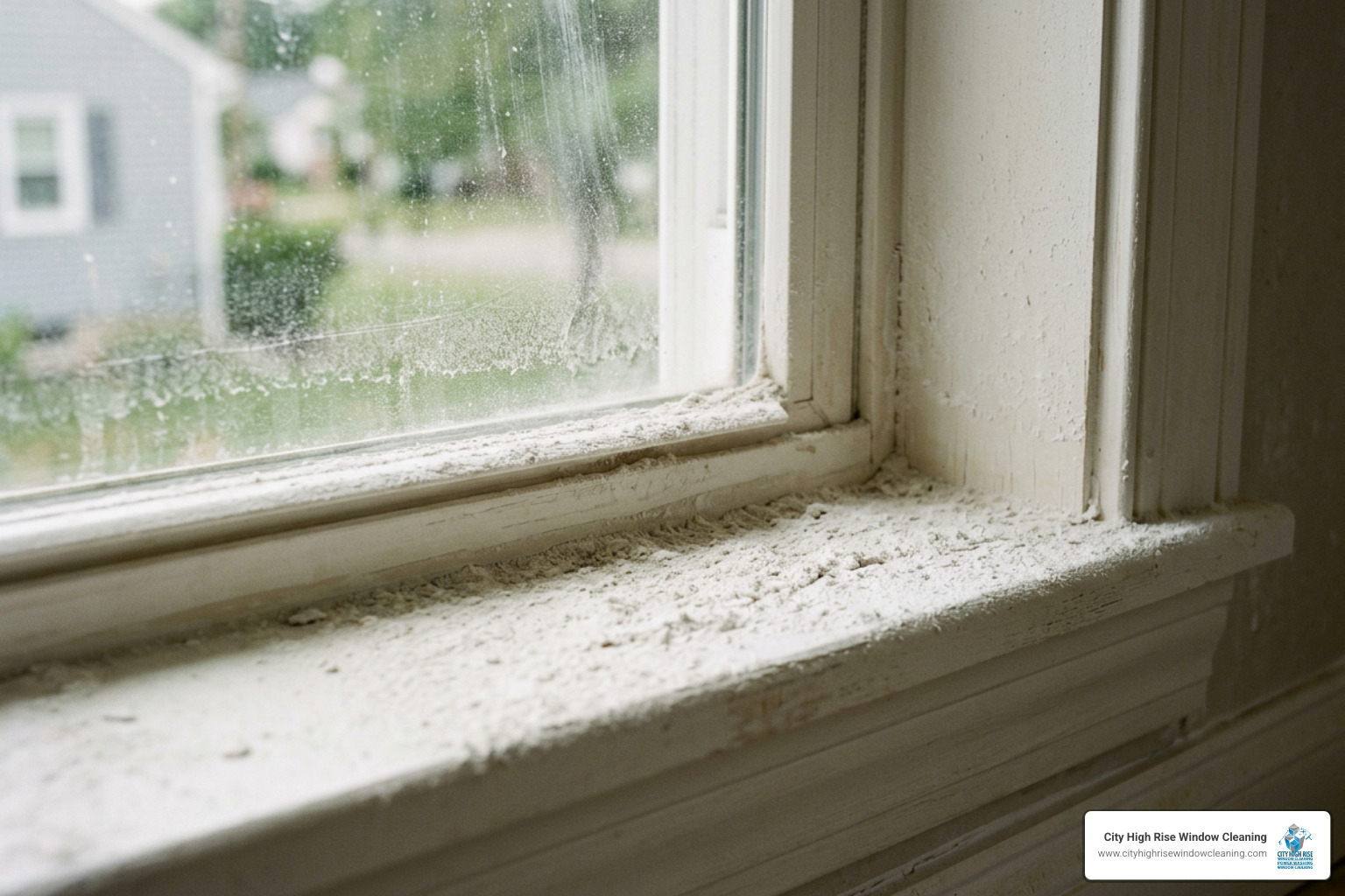 Fine drywall dust on a window sill showing why specialized after builders cleaning is required Fine drywall dust on a window sill showing why specialized after builders cleaning is required