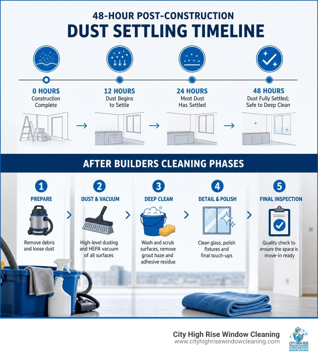 Infographic showing 48-hour post-construction dust settling timeline and after builders cleaning phases infographic Infographic showing 48-hour post-construction dust settling timeline and after builders cleaning phases infographic