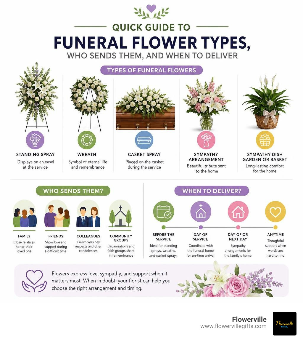 Infographic: Quick guide to funeral flower types, who sends them, and when to deliver infographic Infographic: Quick guide to funeral flower types, who sends them, and when to deliver infographic