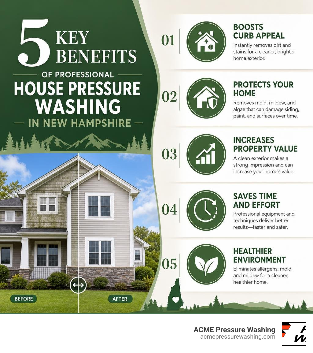 Infographic showing 5 key benefits of professional house pressure washing in New Hampshire infographic