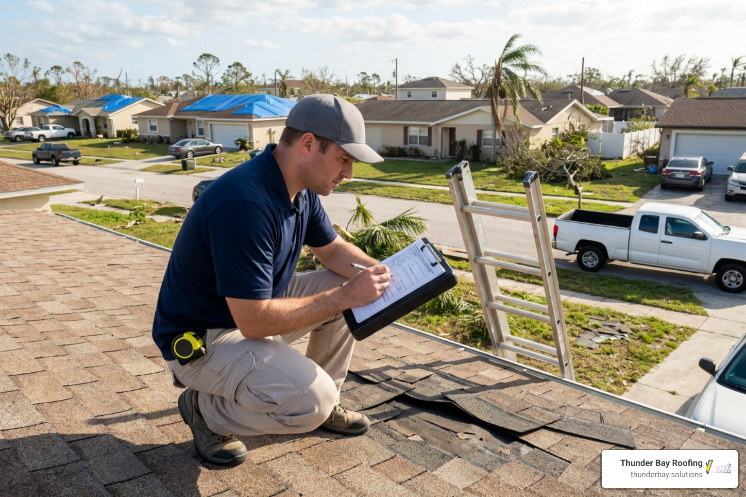 insurance adjuster inspecting residential roof after a florida hurricane insurance adjuster inspecting residential roof after a florida hurricane