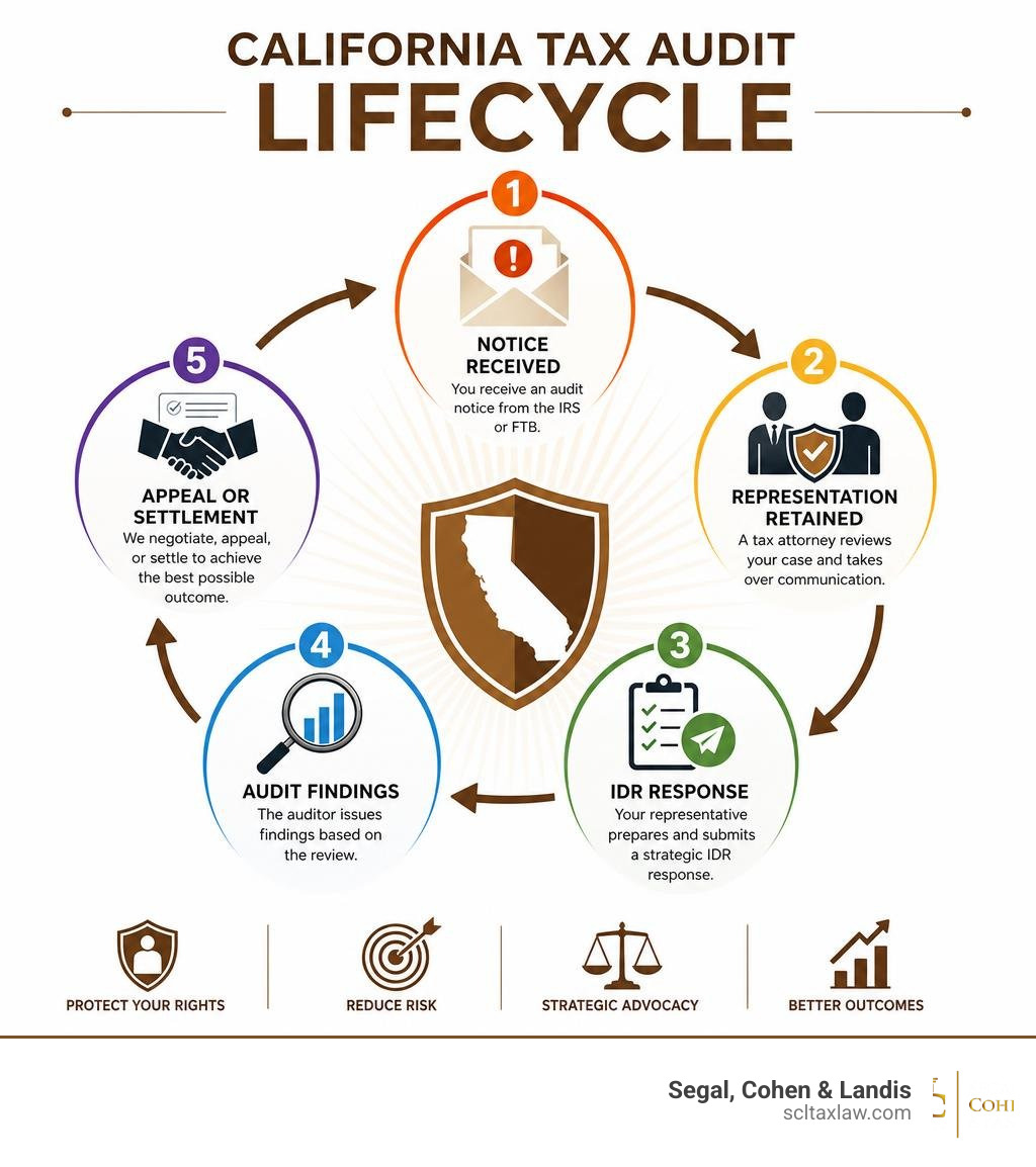 California tax audit lifecycle infographic: notice received, representation retained, IDR response, audit findings, appeal