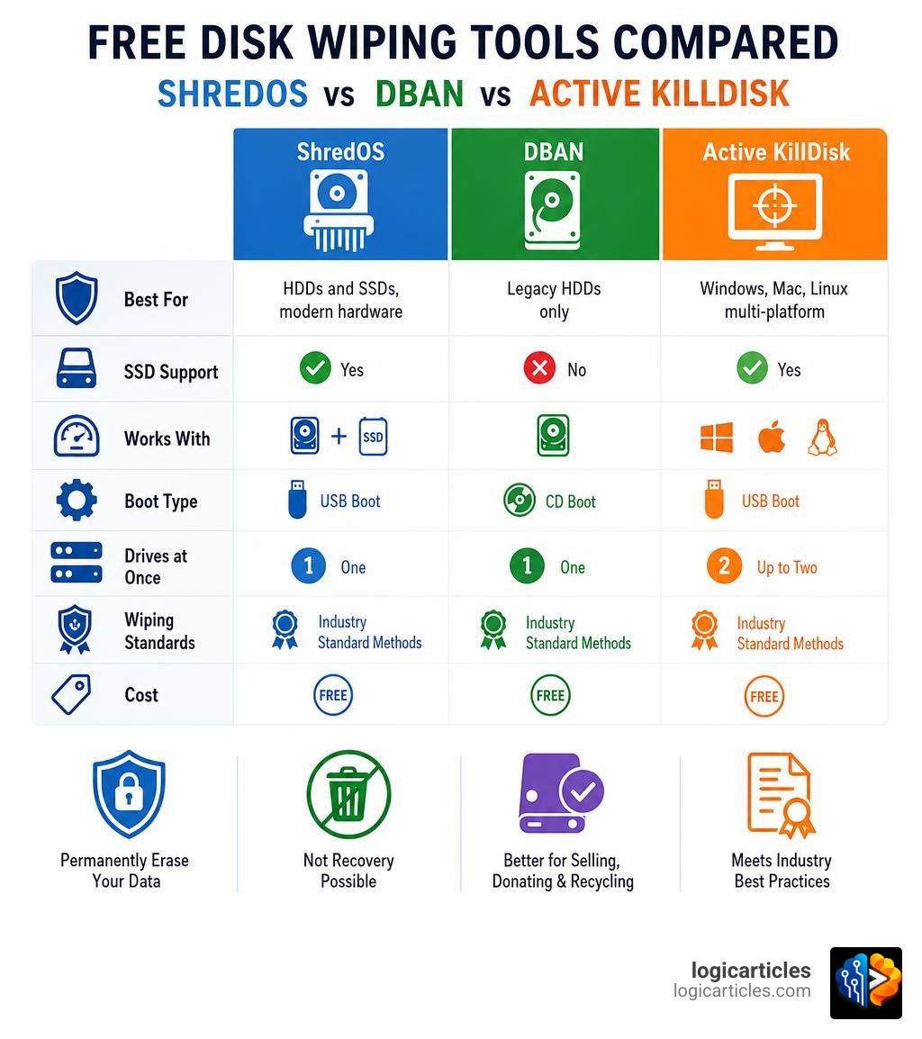 Free disk wiping tools compared: ShredOS vs DBAN vs Active KillDisk - features, SSD support, and standards infographic