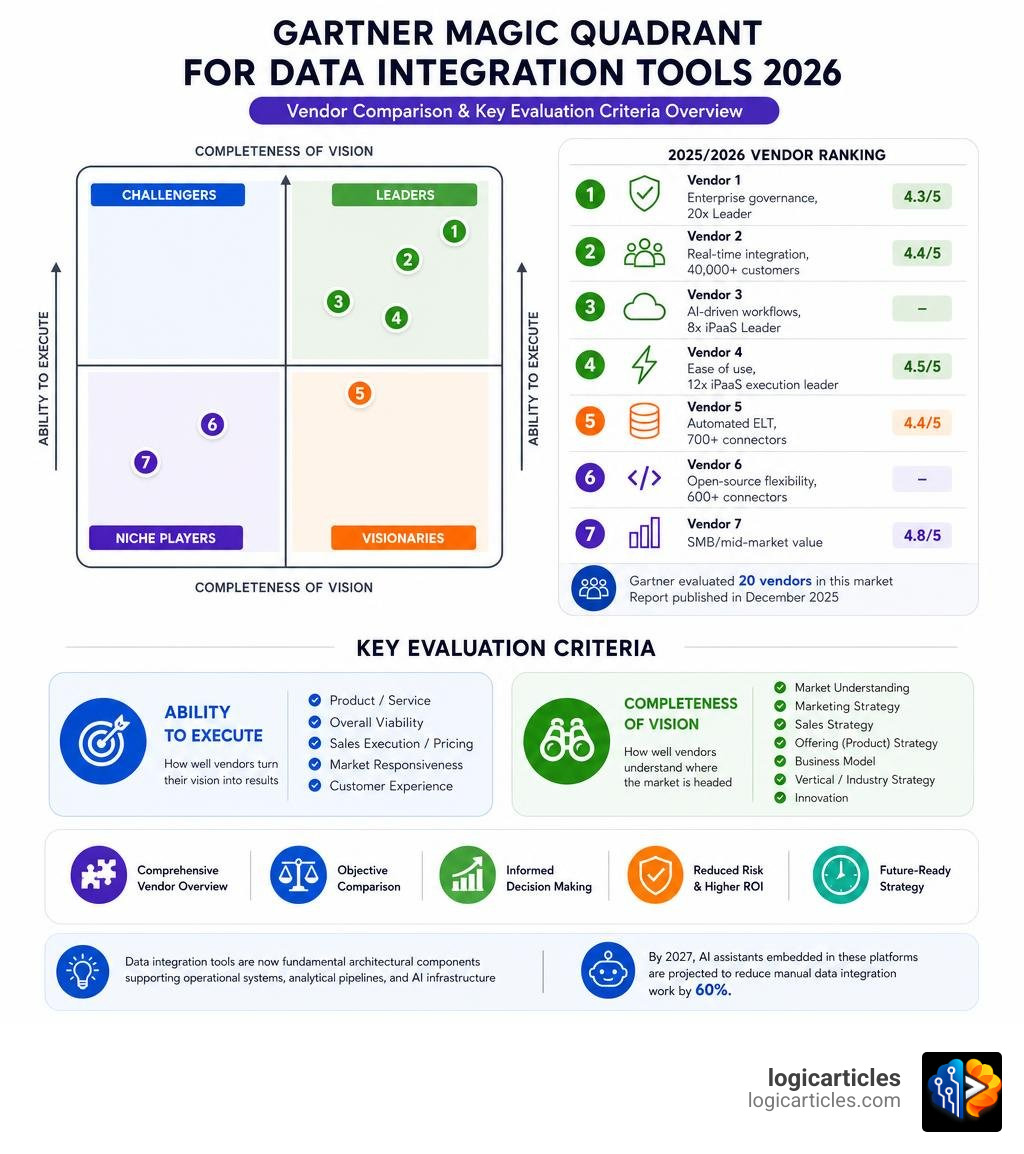 Gartner Magic Quadrant for Data Integration Tools 2026 vendor comparison and key evaluation criteria overview infographic