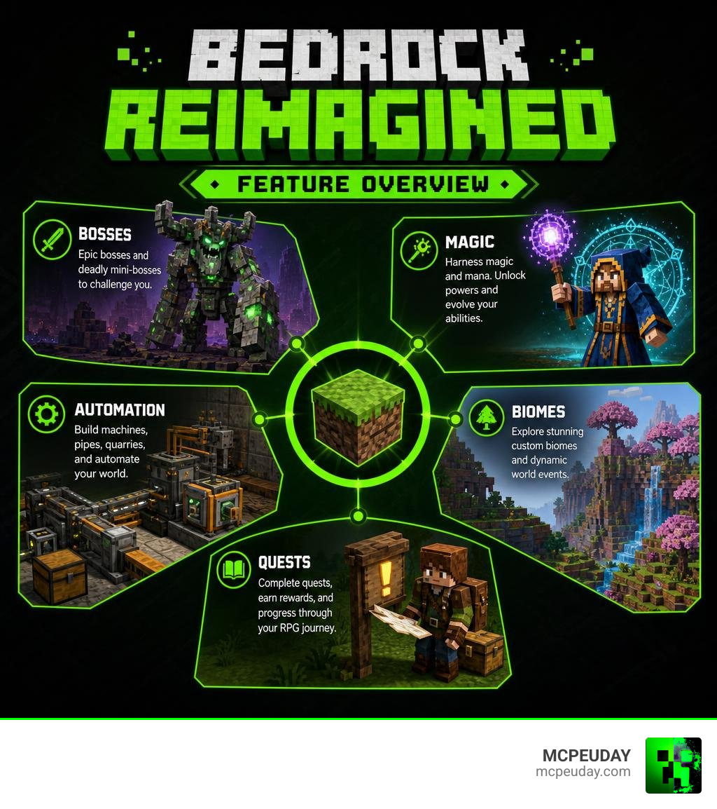 Bedrock Reimagined Addon features overview infographic with bosses magic automation biomes quests infographic Bedrock Reimagined Addon features overview infographic with bosses magic automation biomes quests infographic