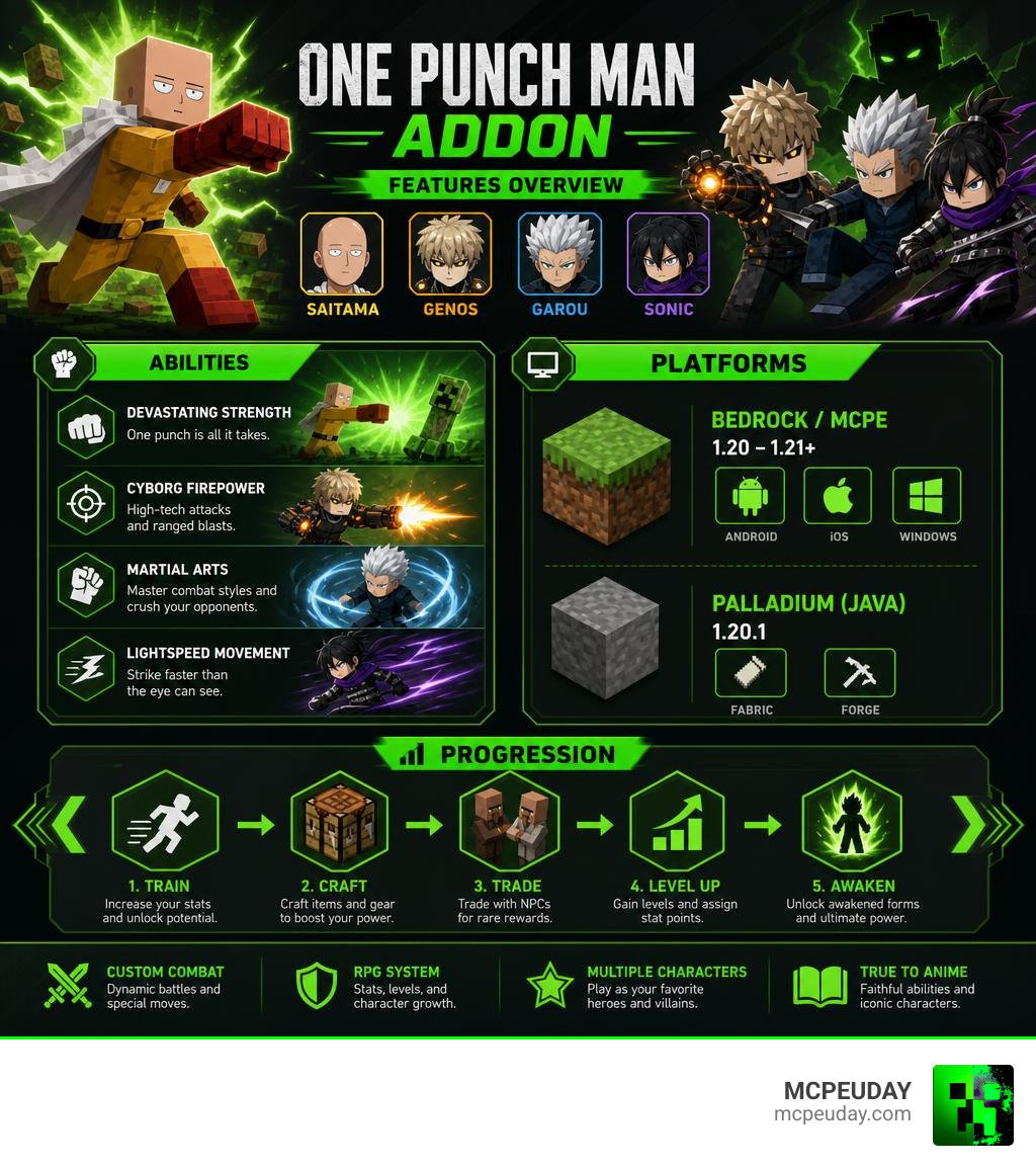 One Punch Man Addon features overview infographic with characters abilities platforms and progression infographic One Punch Man Addon features overview infographic with characters abilities platforms and progression infographic