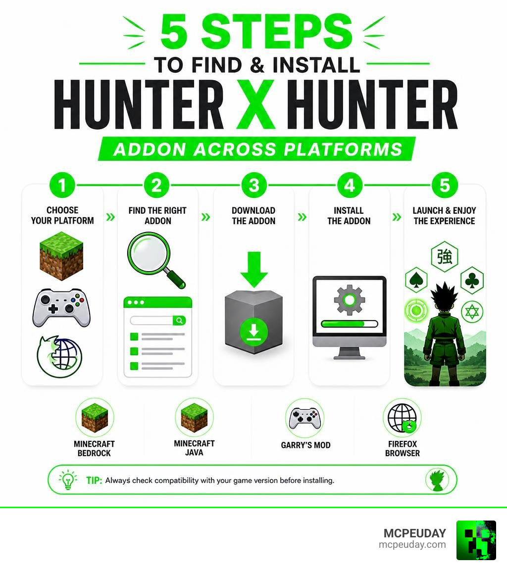 5 steps to find and install Hunter X Hunter Addon across Minecraft Bedrock Java Garry's Mod and Firefox infographic 5 steps to find and install Hunter X Hunter Addon across Minecraft Bedrock Java Garry's Mod and Firefox infographic