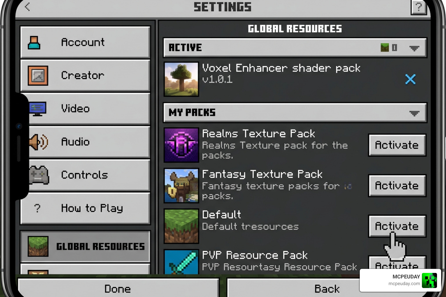 Minecraft global resources menu showing shader activation Minecraft global resources menu showing shader activation