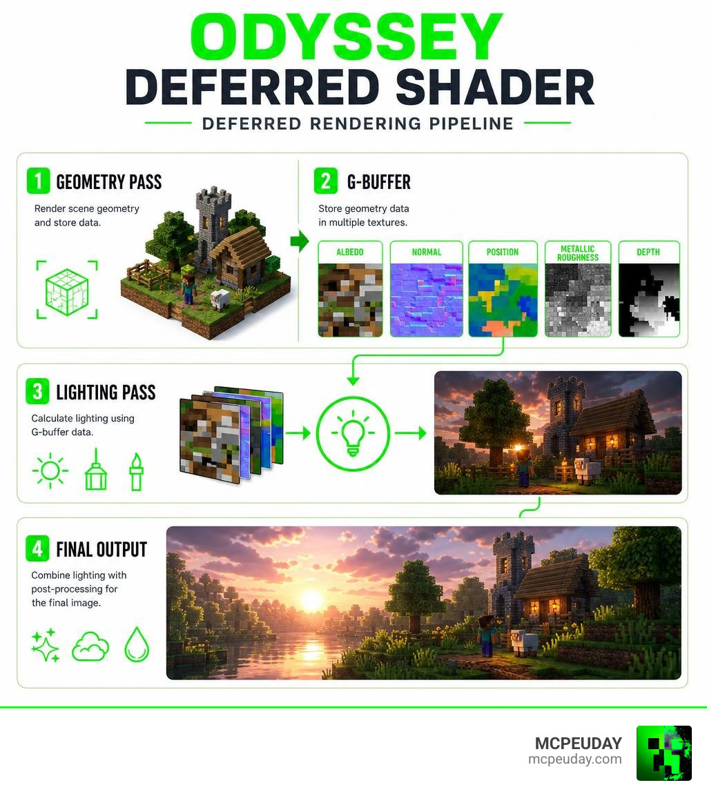 Odyssey Deferred Shader deferred rendering pipeline infographic: geometry pass, G-buffer, lighting pass, final output Odyssey Deferred Shader deferred rendering pipeline infographic: geometry pass, G-buffer, lighting pass, final output