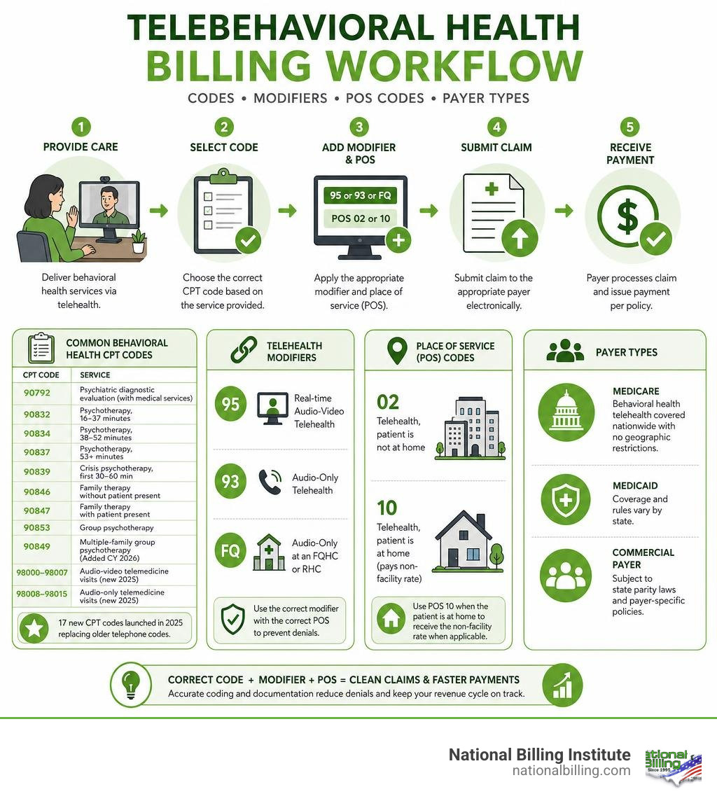 Telebehavioral health billing workflow infographic showing CPT codes, modifiers, POS codes, and payer types infographic
