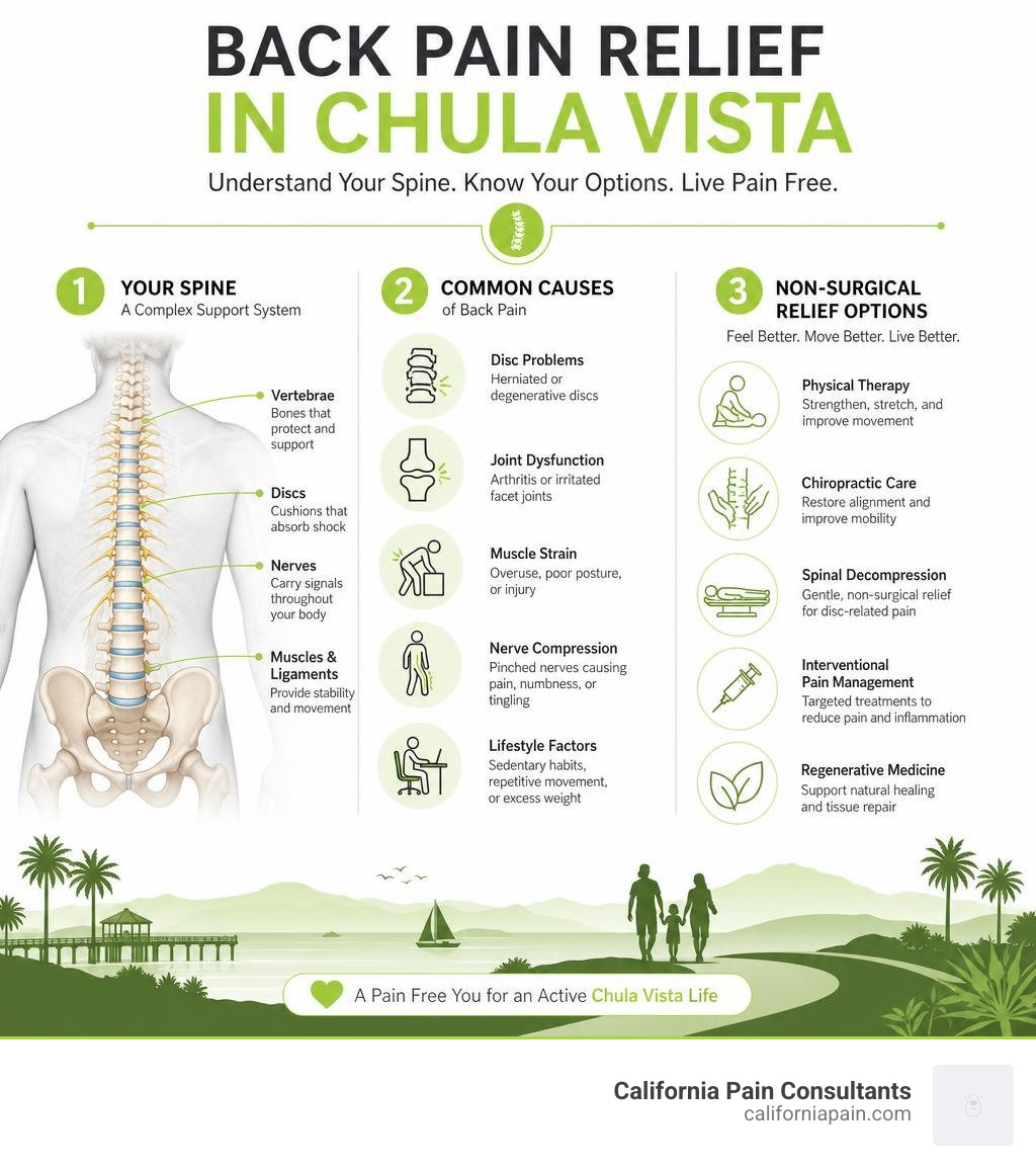Infographic showing back pain anatomy, common causes, and non-surgical relief options in Chula Vista infographic