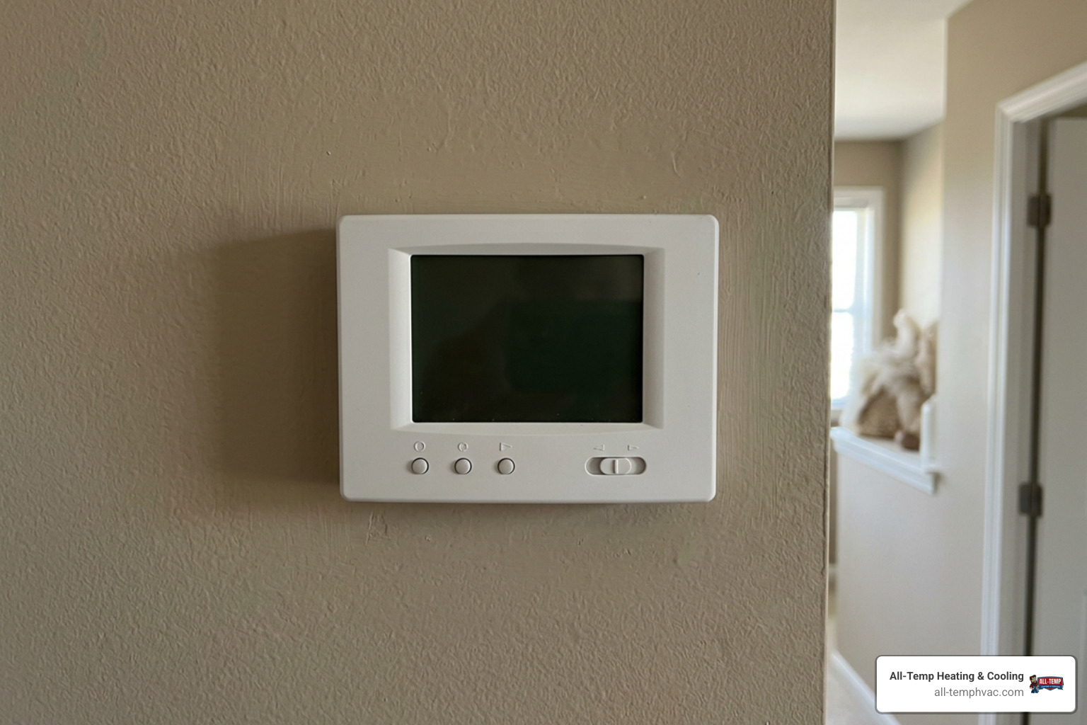 An unresponsive thermostat screen with blank display in a home