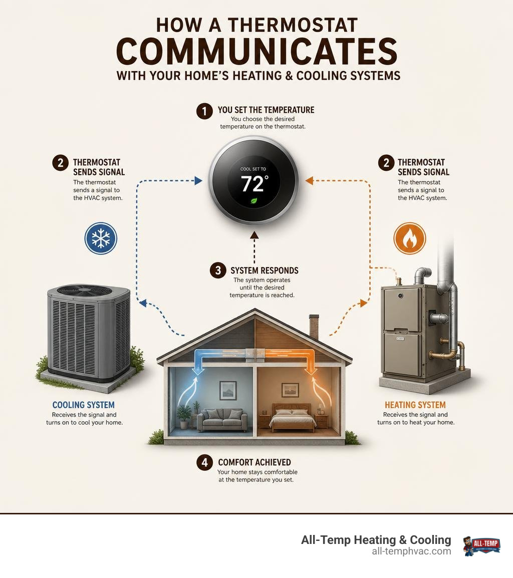 Infographic showing how a thermostat communicates with heating and cooling systems in a home infographic