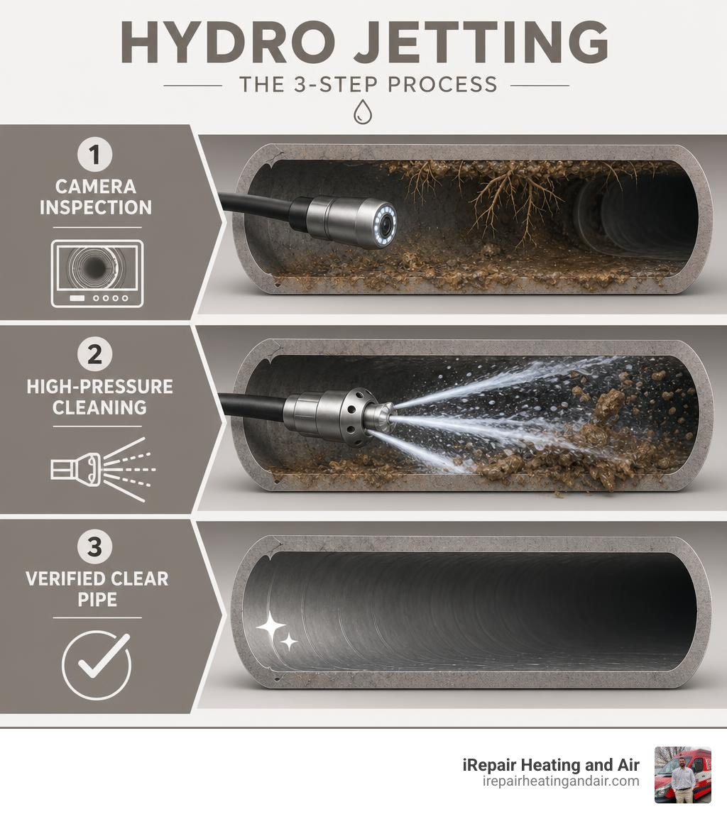 infographic showing hydro jetting process steps from camera inspection to high-pressure cleaning to verified clear pipe infographic showing hydro jetting process steps from camera inspection to high-pressure cleaning to verified clear pipe