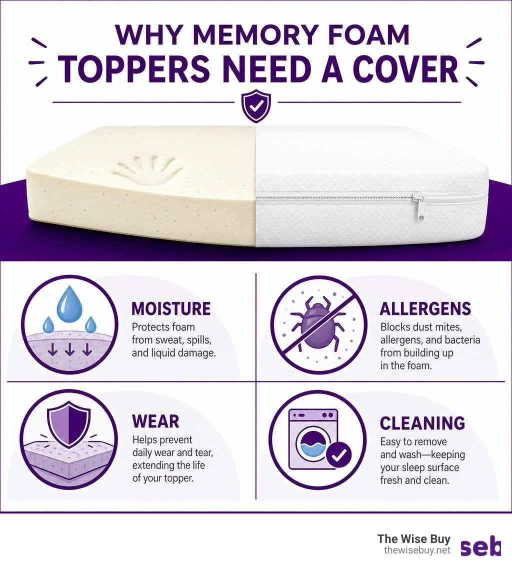 Infographic showing why memory foam toppers need a cover: moisture, allergens, wear, and cleaning infographic
