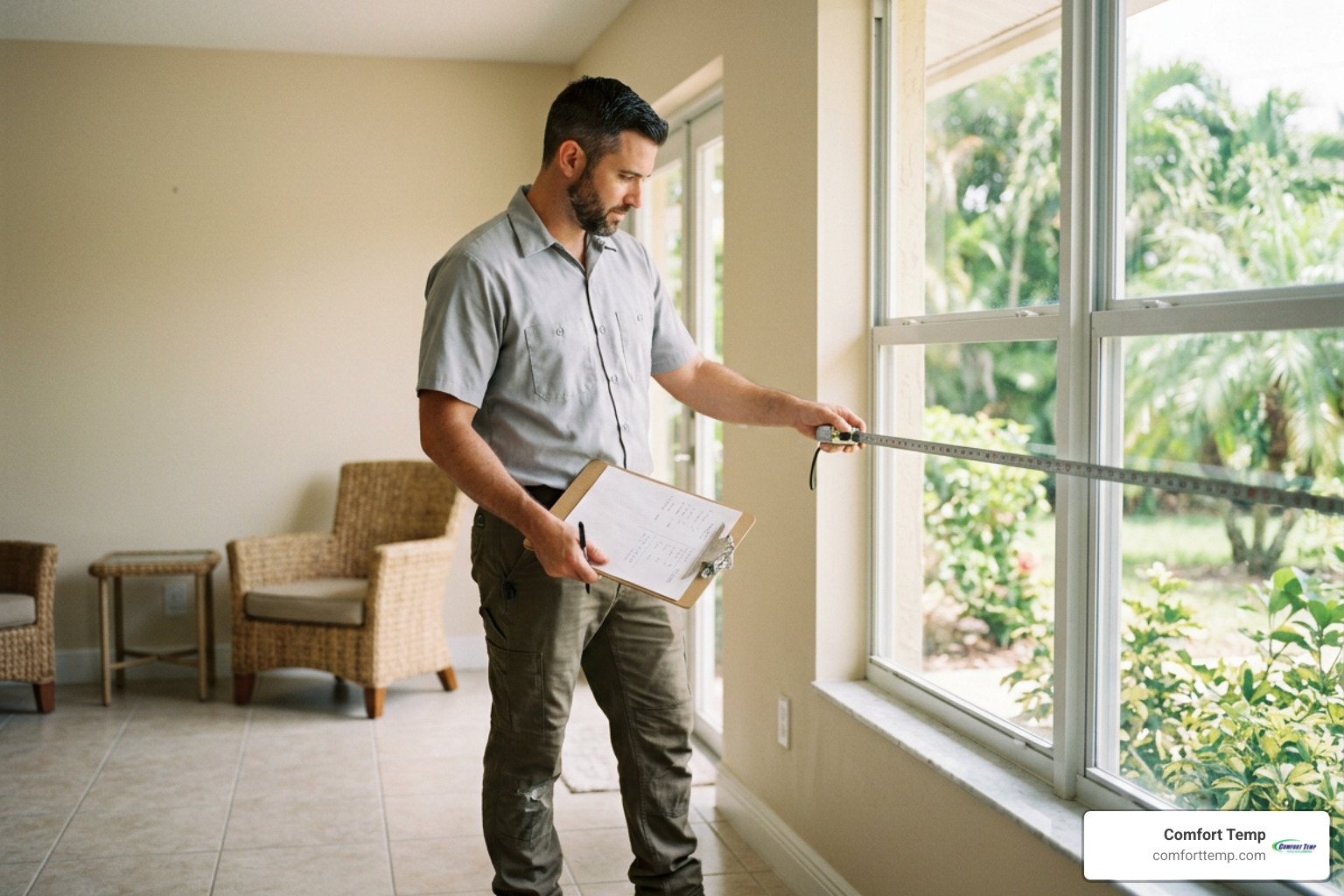 A technician measuring a Florida home's windows and rooms to calculate the precise cooling load required for a new AC A technician measuring a Florida home's windows and rooms to calculate the precise cooling load required for a new AC