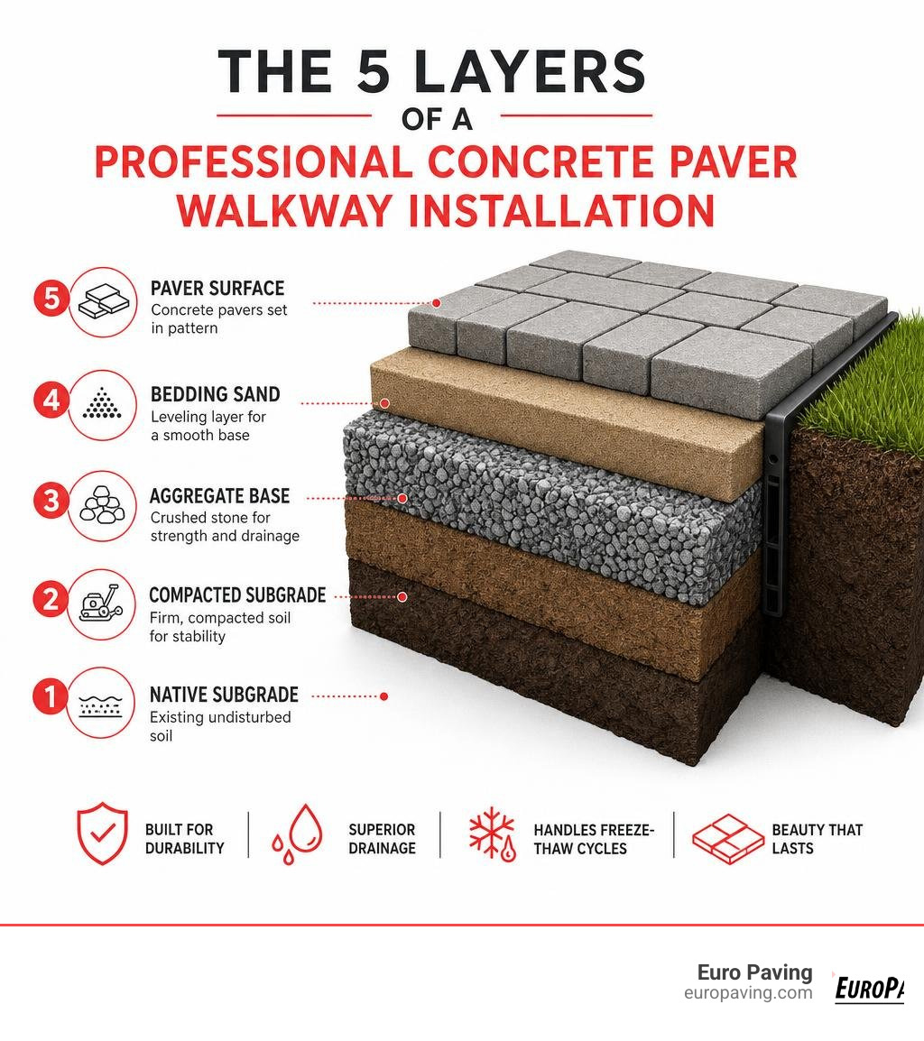 Infographic showing the 5 layers of a professional concrete paver walkway installation from subgrade to surface infographic