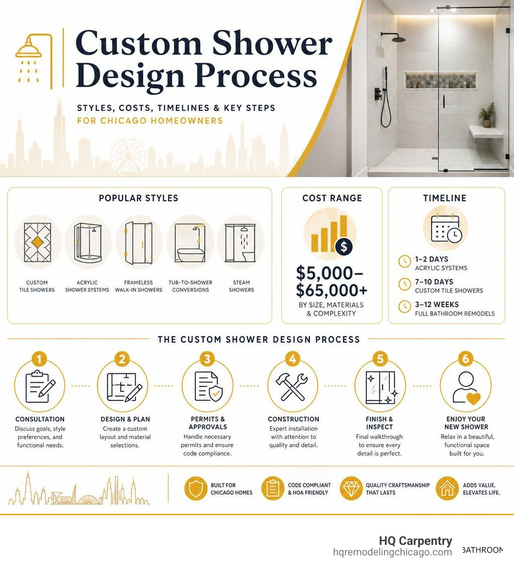 Custom shower design process infographic with styles, costs, timelines, and key steps for Chicago homeowners infographic