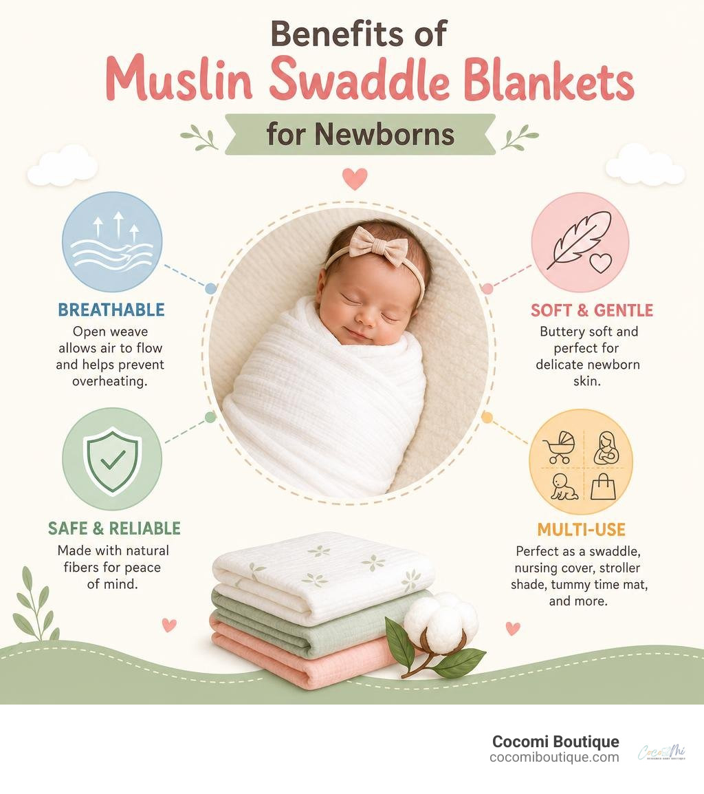 Benefits of muslin swaddle blankets for newborns infographic showing breathability, softness, safety, and multi-use
