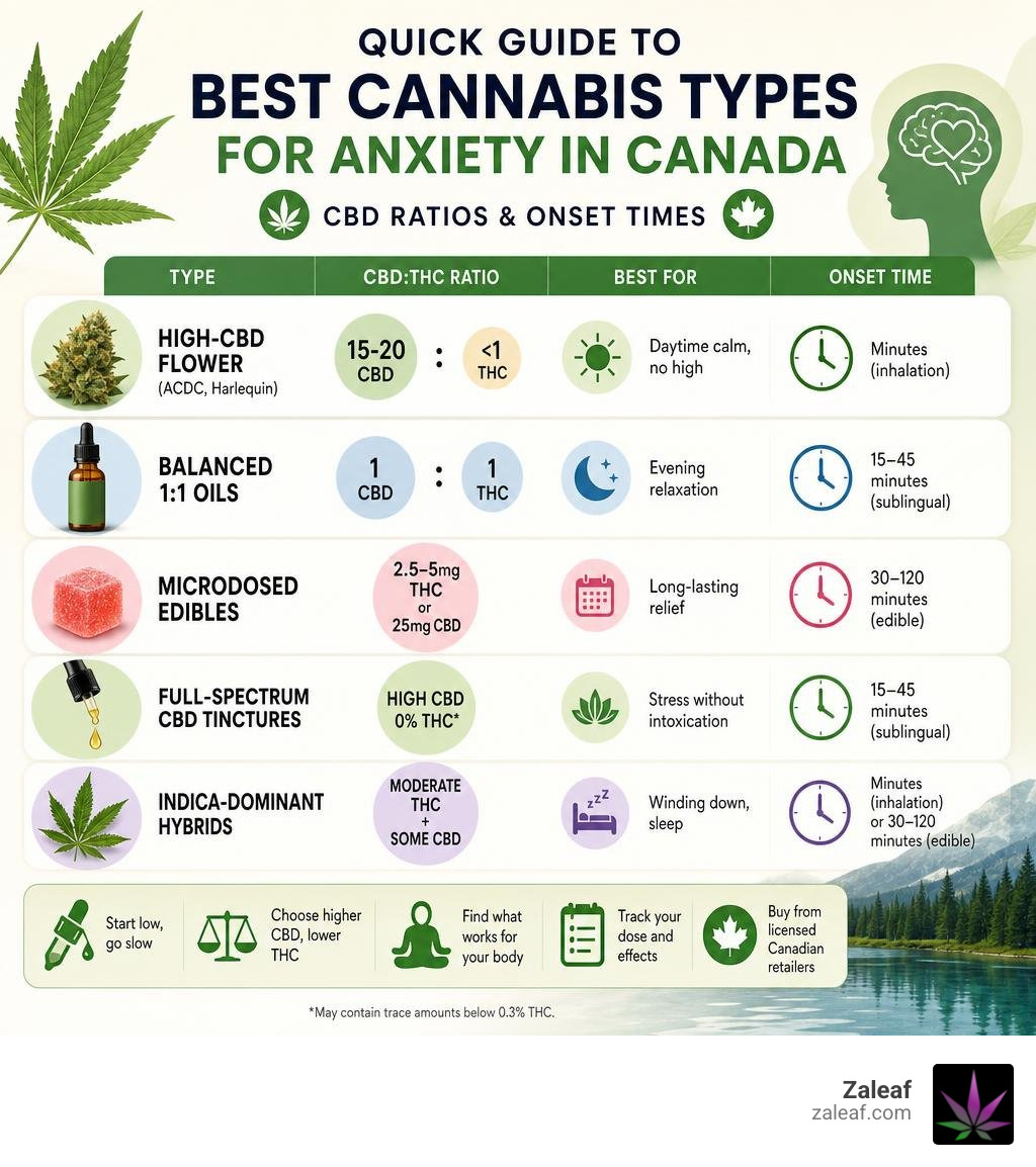 Quick guide to best cannabis types for anxiety in Canada with CBD ratios and onset times infographic Quick guide to best cannabis types for anxiety in Canada with CBD ratios and onset times infographic